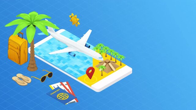 Isometric Travel App Concept - Airplane, Palm Tree, and Passport.