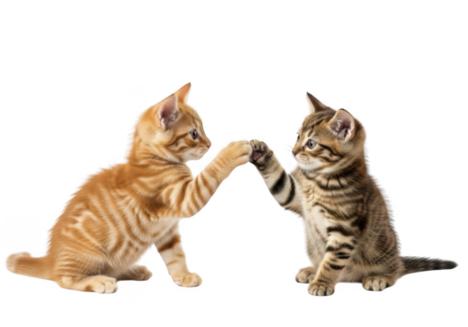 Adorable kitten high five clipart, cute cat friendship, playful felines, pet illustration, animal graphics, orange tabby, isolated on transparent background