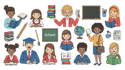 Back to School Education Collection Diverse Students and Teachers Learning with Books and Supplies