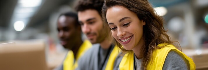 Diverse team in warehouse environment with smiling young female worker in focus
