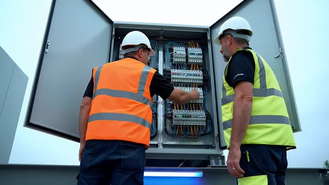 Two male electricians in safety vests and hard hats inspecting an electrical panel outdoors, focusing on maintenance and repair of industrial power systems.