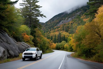 White truck driving on scenic mountain road surrounded by autumn foliage