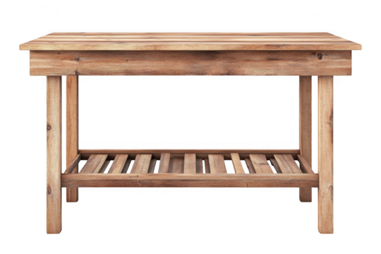 Rustic wooden kitchen island table with shelf, butcher block style, farmhouse furniture, vintage counter, kitchen decor, isolated on transparent background