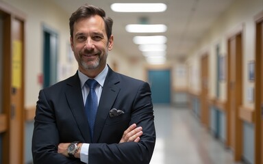 Principal standing proudly in a school hallway, overseeing the educational environment and promoting student success. High quality