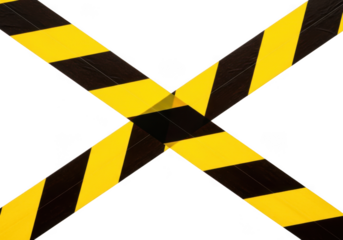 Caution tape cross yellow black warning hazard safety construction barrier danger signage isolated on transparent background