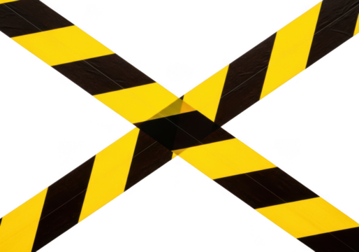 Caution tape cross yellow black warning hazard safety construction barrier danger signage isolated on transparent background