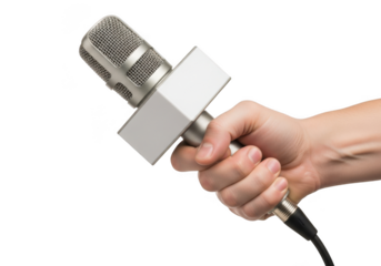 Hand holding microphone for interview, press conference, journalism, news reporting, or podcast recording isolated on transparent background