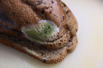 A Close-Up Of Green And White Mold Growing On Sliced Whole Grain Bread, A Concept Of Food Spoilage And Waste.