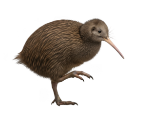 Detailed kiwi bird standing on one leg, wildlife animal photography, ornithology study, brown plumage, long beak isolated on transparent background