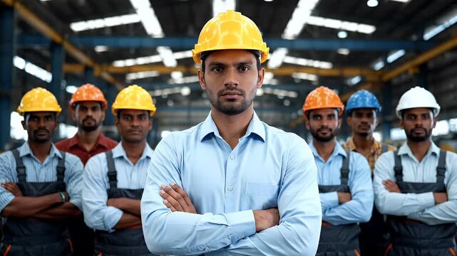 Confident Industrial Supervisor Leading His Team of Factory Workers.