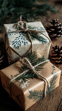 Gift boxes wrapped in paper with pine branches on wooden table