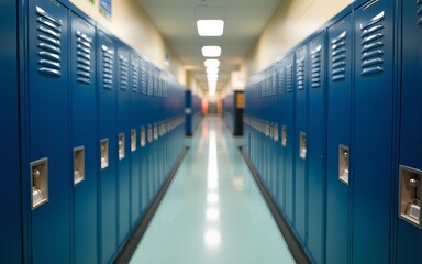 Single open empty blue metal locker along a nondescript hallway in a typical US High School. No identifiable information included and nobody in the hall. High quality