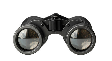 Black Binoculars on Dark Background with Reflected Outdoor Scene in Lenses