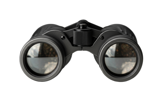 Black Binoculars on Dark Background with Reflected Outdoor Scene in Lenses
