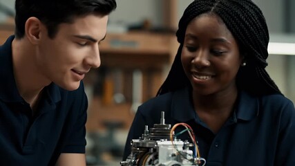 Diverse Engineering Students Collaborating on a Complex Mechanical Project.