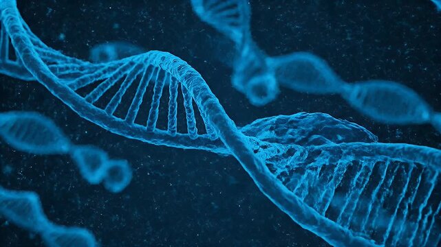 Detailed Scientific Animation of a Blue DNA Double Helix Structure.