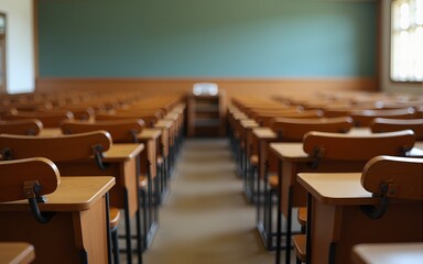 Wooden lecture chairs arranged in the classroom. Empty college classroom with many vintage wooden lecture chairs but no students. Back to school concept. High quality