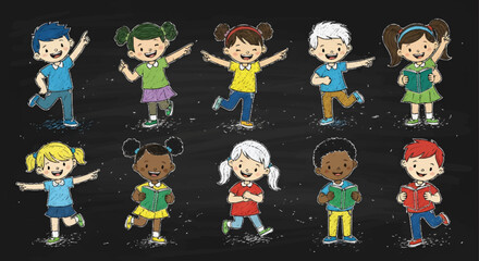 Diverse Children Cartoon Chalkboard Vector Illustration
