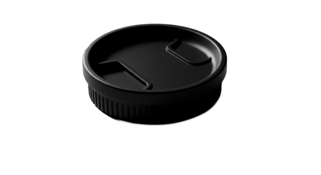 Sleek Black Camera Lens Cap on Dark Background with Subtle Lighting