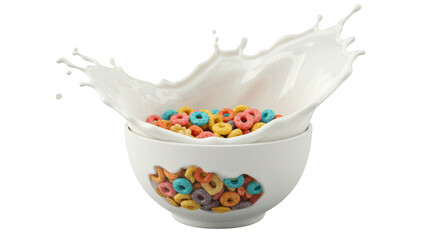 Colorful Cereal Rings with Dynamic Milk Splash in White Bowl on Black