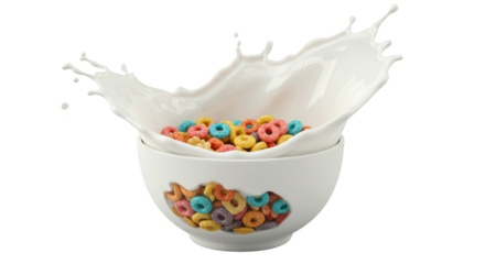Colorful Cereal Rings with Dynamic Milk Splash in White Bowl on Black