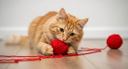 An adorable orange tabby cat lies on a wooden floor, playfully biting a red ball of yarn, with another yarn ball nearby.