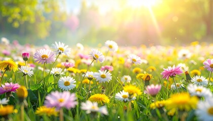 Obraz premium Meadow with lots of white and pink spring daisy flowers and yellow dandelions in sunny day