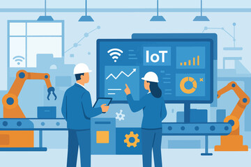 Modern smart factory with IoT screens