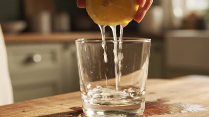 Close up of Man hand squeezing a lemon into a glass - Powered by Adobe