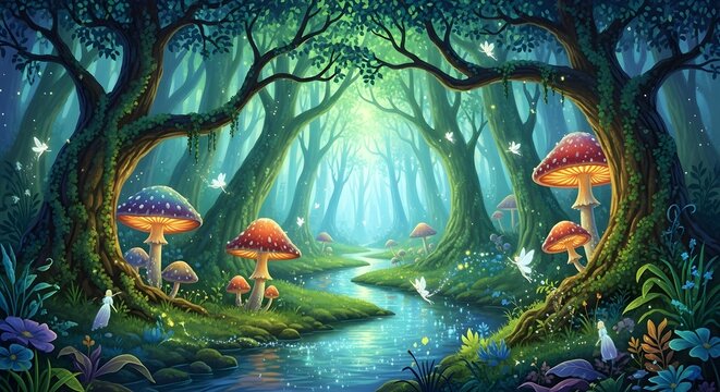 Enchanted forest with glowing mushrooms and a winding stream under a canopy of trees.