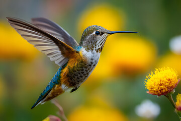 Fototapeta premium a hummingbird is flying over a flower
