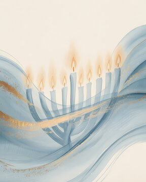 Illuminated hanukkah menorah with gentle blue and gold swirling abstract background