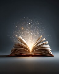 Open book with glowing light emerging from pages symbolizing imagination, inspiration, and knowledge.