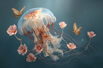 a jellyfish with pink flowers and butterflies flying around