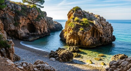 Secluded Cove on Mallorca Island - Turquoise Waters and Rocky Cliffs.