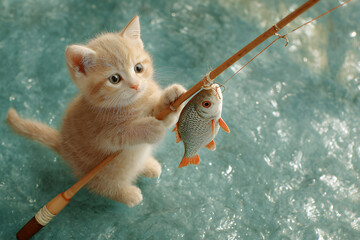 a kitten holding a fish on a fishing rod