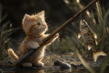 a kitten is holding a stick and a fish