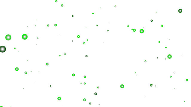 Green and dark grey floating particles on a white background