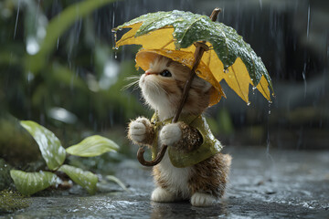 a cat with an umbrella in the rain