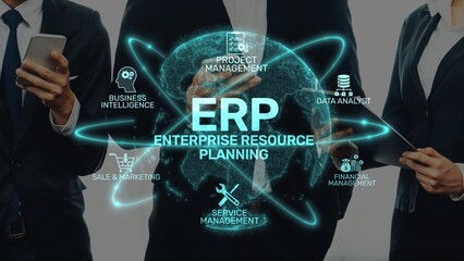 Business professionals engage in discussion about ERP software, showcasing project management and data analysis with visual elements emphasizing various business sectors. Raster