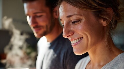 Fototapeta premium Couple smiling in a kitchen.
