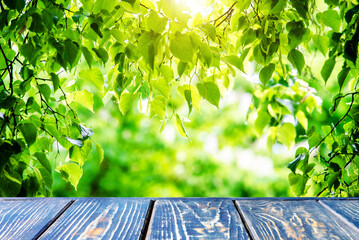 Wooden table and blurred green natural background
