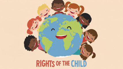 Naklejka premium Diverse happy children embracing a smiling Earth celebrating unity and global childhood rights with joy