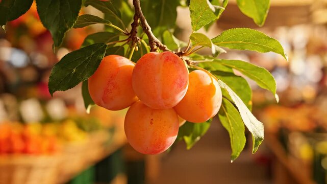 Fresh plums hanging from branch at colorful market. Vibrant fruits showcase natural beauty and freshness in vertical composition. Market atmosphere invites healthy eating.