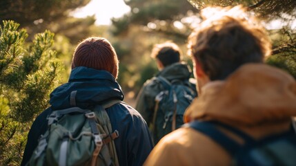 Two people hiking at sunset in a forest.