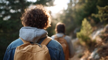 Two people hiking at sunset in a forest.