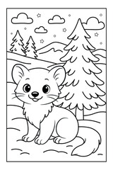 Cute pine marten with winter landscape coloring page illustration