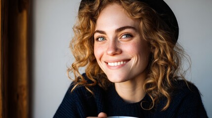 Woman smiling at camera, curly hair, blue top, black hat, coffee cup.
