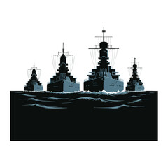 Four gray warships sailing on dark blue water with white background battleship navy