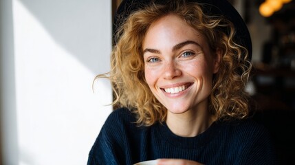 Woman smiling at camera, curly hair, blue top, black hat, coffee cup.